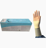 Box of medical exam gloves next to a hand wearing a latex glove for healthcare use
