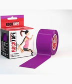 Purple kinesiology tape roll next to its box, designed for athletic support and muscle relief.