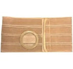 Beige abdominal ostomy support belt with circular stoma opening on white background
