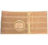 Beige abdominal ostomy support belt with circular stoma opening on white background