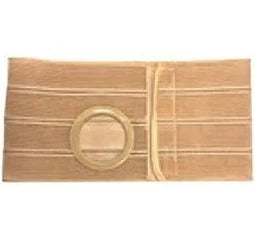 Beige abdominal ostomy support belt with circular stoma opening on white background