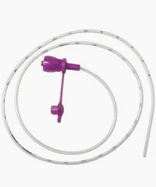Medical feeding tube with purple connector on white background, enteral nutrition supply