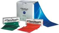 TheraBand resistance bands in green, red, and blue for physical therapy and exercise
