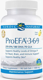Nordic Naturals ProEFA-3-6-9 supplement bottle with omega-3, omega-6, and omega-9 support.