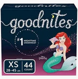 Goodnites XS nighttime underwear 44 count featuring Disney mermaid design for kids