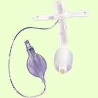 Medical tracheostomy tube with cuff and inflation balloon on light background