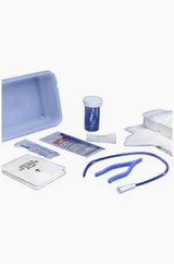 Sterile medical supply kit with forceps, gauze, tray, and antiseptic swab for home care