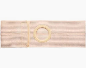 Beige medical abdominal support belt with circular opening for ostomy care