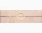 Beige medical abdominal support belt with circular opening for ostomy care