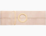 Beige medical abdominal support belt with circular opening for ostomy care