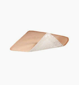 Adhesive medical bandage with tan outer layer and white absorbent side, isolated on white background