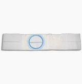 medical ostomy belt with round blue stoma opening on white background