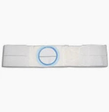 medical ostomy belt with round blue stoma opening on white background
