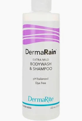 DermaRain extra mild body wash and shampoo bottle, pH balanced, dye free, 8oz size