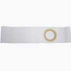 White medical adhesive strip with a circular opening for wound care or device securement