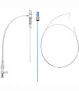 Medical catheter kit with tubing, guidewire, and connectors on white background