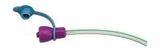 Medical catheter tube with blue valve and purple connector for home medical supply use