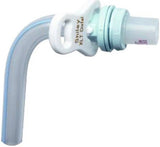 Shiley XLT tracheostomy tube, curved medical device with blue connector for airway management