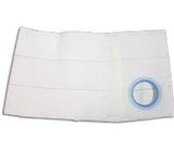 White rectangular medical adhesive sheet with round blue center, used for wound care or ostomy.