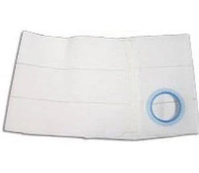 White rectangular medical adhesive sheet with round blue center, used for wound care or ostomy.