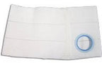 White medical ostomy belt with circular opening and blue trim, for stoma care support