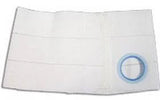 White medical ostomy belt with circular opening and blue trim, for stoma care support
