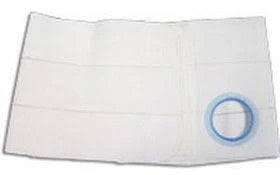 White medical ostomy belt with circular opening and blue trim, for stoma care support