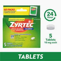 Zyrtec 10mg allergy tablets 5-count pack, 24-hour relief, portable packaging