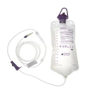 Medical enteral feeding bag with tubing and purple connectors for home healthcare