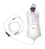 Medical enteral feeding bag with tubing and purple connectors for home healthcare