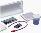 Home medical supplies kit with a red tube, specimen cup, wipes, and sterile packaging