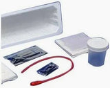 Home medical supplies kit with a red tube, specimen cup, wipes, and sterile packaging