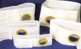 Adjustable ostomy belts with circular openings for medical device support on a blue background