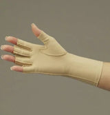 Compression glove for hand and wrist support, beige, open fingers, medical supply