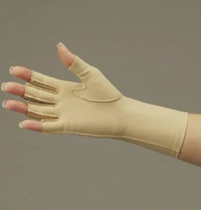 Compression glove for hand and wrist support, beige, open fingers, medical supply