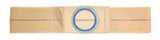 Adjustable beige ostomy belt with round blue stoma opening for medical support