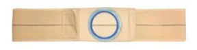 Adjustable beige ostomy belt with round blue stoma opening for medical support