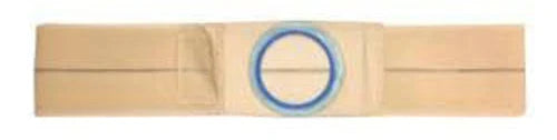 Adjustable beige ostomy belt with round blue stoma opening for medical support