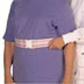 Person wearing a medical gait belt for mobility support and patient transfer assistance