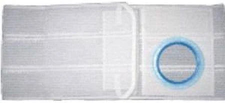 White ostomy belt with blue ring, medical supply for stoma care on white background