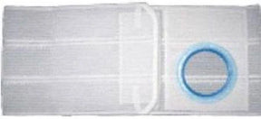 White ostomy belt with blue ring, medical supply for stoma care on white background