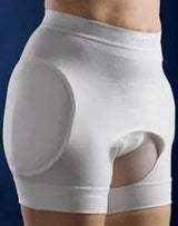 White medical support underwear with circular openings for ostomy bag management