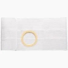 White medical ostomy bag with round adhesive barrier on a plain background