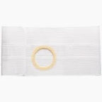 White medical ostomy bag with round adhesive barrier on a plain background