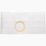White medical ostomy bag with round adhesive barrier on a plain background