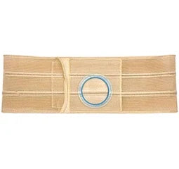 Beige medical support belt with central blue-ringed opening, ostomy abdominal hernia support