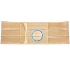 Beige medical support belt with central blue-ringed opening, ostomy abdominal hernia support
