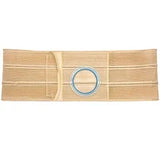 Beige medical support belt with central blue-ringed opening, ostomy abdominal hernia support