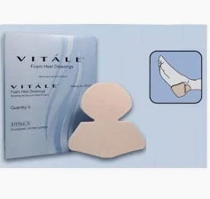 Foam heel dressing medical bandage with packaging and illustration of foot application
