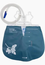 Large medical drainage bag with tubing and floral design for home healthcare use